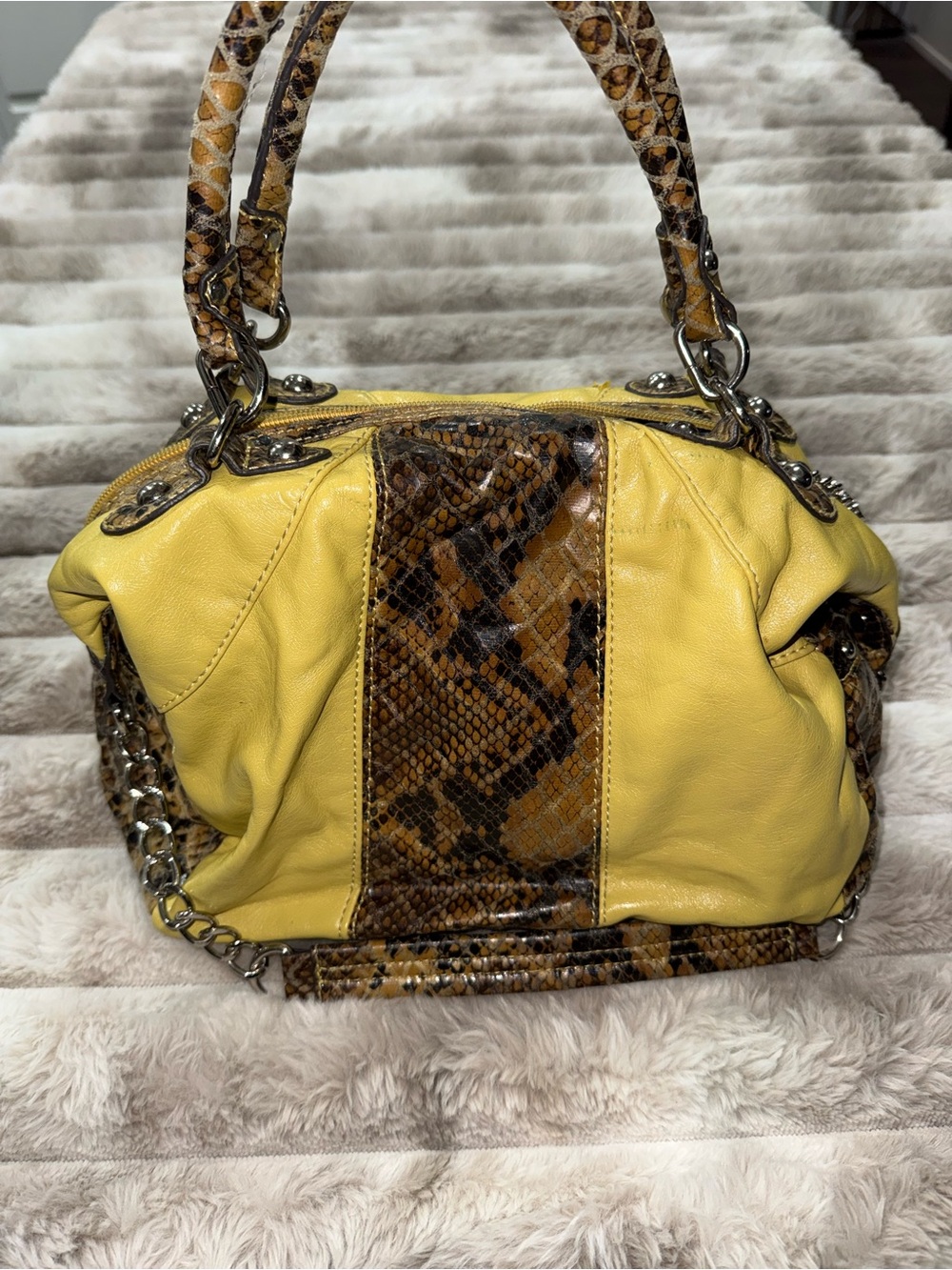 Kathy van zeeland Yellow Snake-Print Accent Handbag